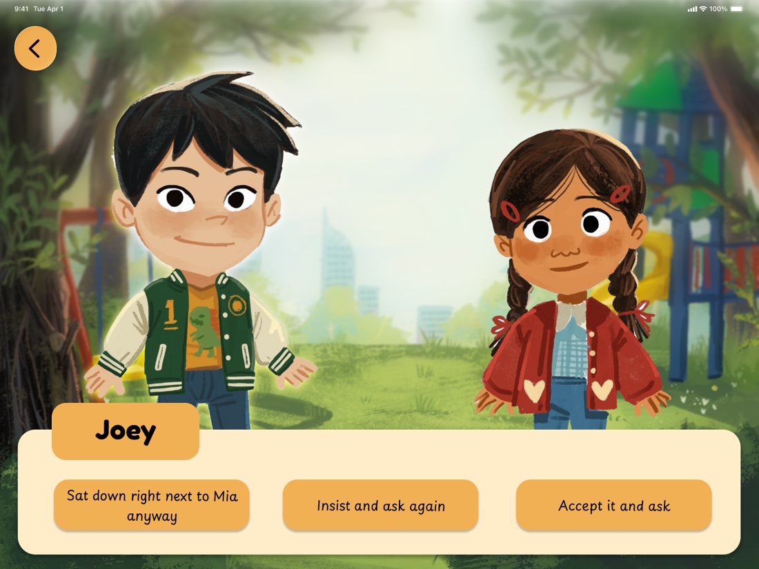 The choice screen: Joey and Mia facing the player, with three options for what Joey does next
