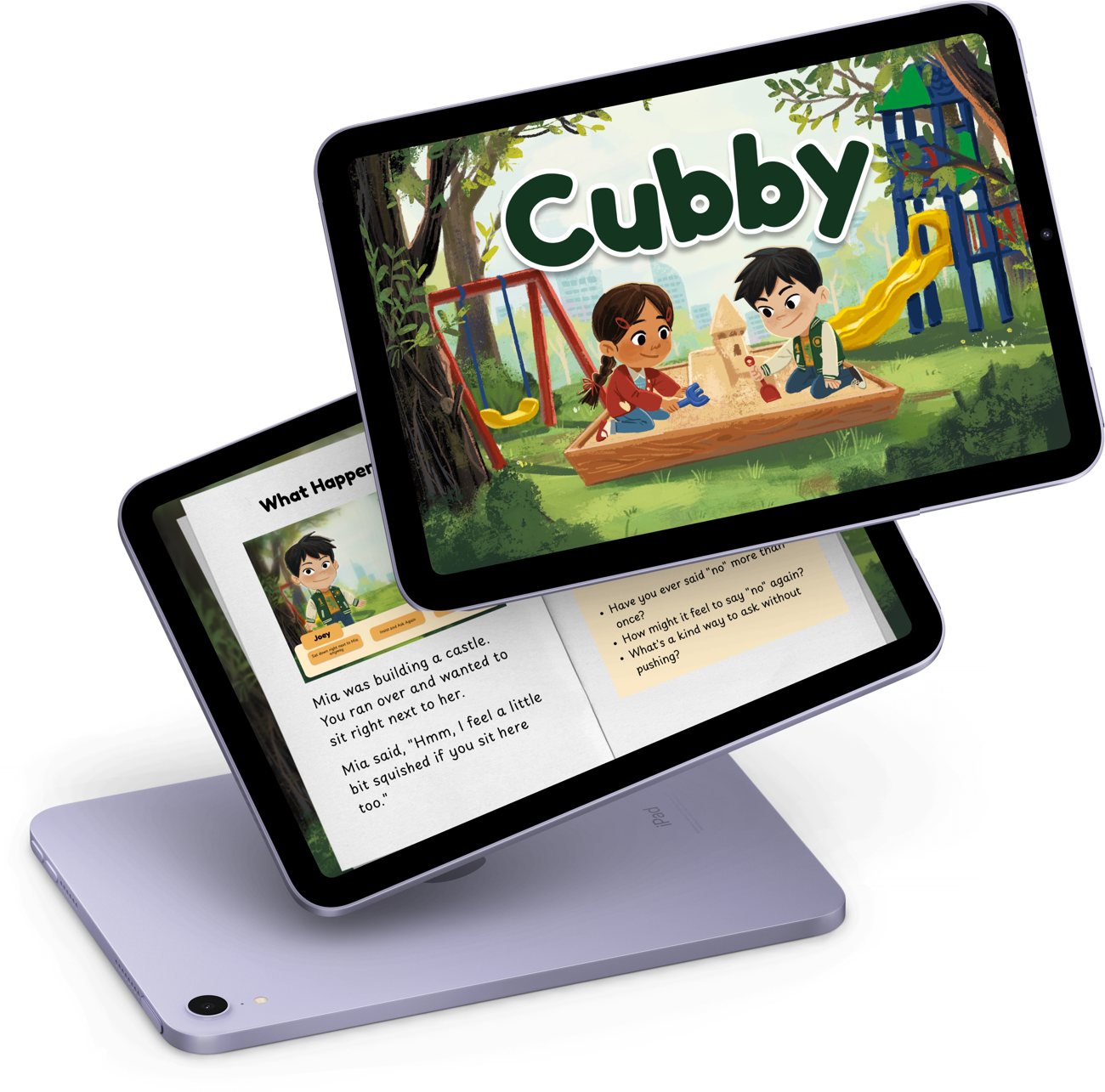An iPad showing the Cubby story book: the scene written out with Mia's words, and three reflection questions beside it