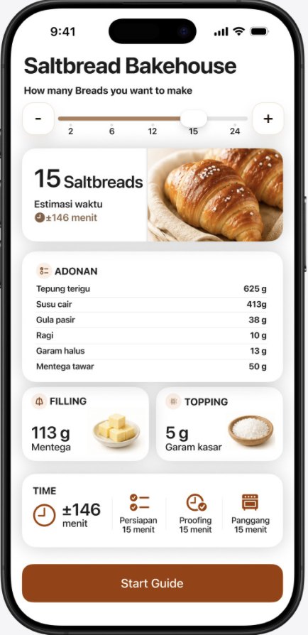 Salt Bread Bakehouse setup screen: a batch-size slider set to 15, estimated time, and the ingredient list in grams