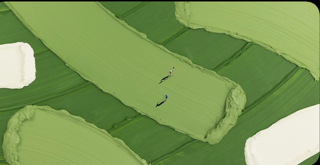 A finished Werner piece: a golf course rendered as thick strokes of green oil paint, with two tiny figures standing on the fairway