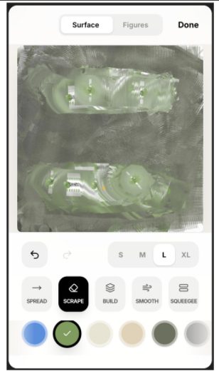 The Surface tab: spread, scrape, build, smooth and squeegee tools with four knife sizes